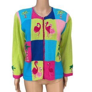 Jack B Quick Colorful Art-to-Wear Flamingo Island Fun Florida Palm Sweater Sz M